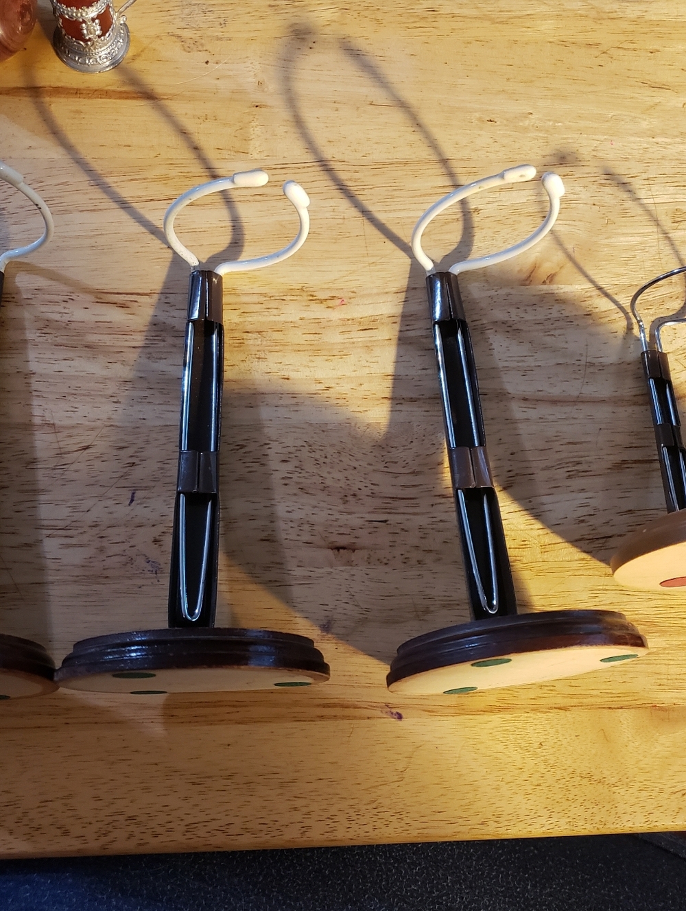 4 Doll Stands 3/6" 1/4" Round Wood Base + Metal Retractable Holders